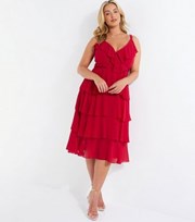 QUIZ Curves Red Strappy Tiered Midi Wrap Skater Dress